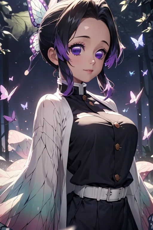 Kochou Shinobu, 1girl,masterpiece, multicolored hair,sleeveless, purple eyes, black jacket,black skirt,uniform, white haori, , multiple butterflies, , laked sunset, lens flare, perfect lighting, highest quality, hands behind, thick thighs, large breasts, cleavage,highest quality, high resolution.