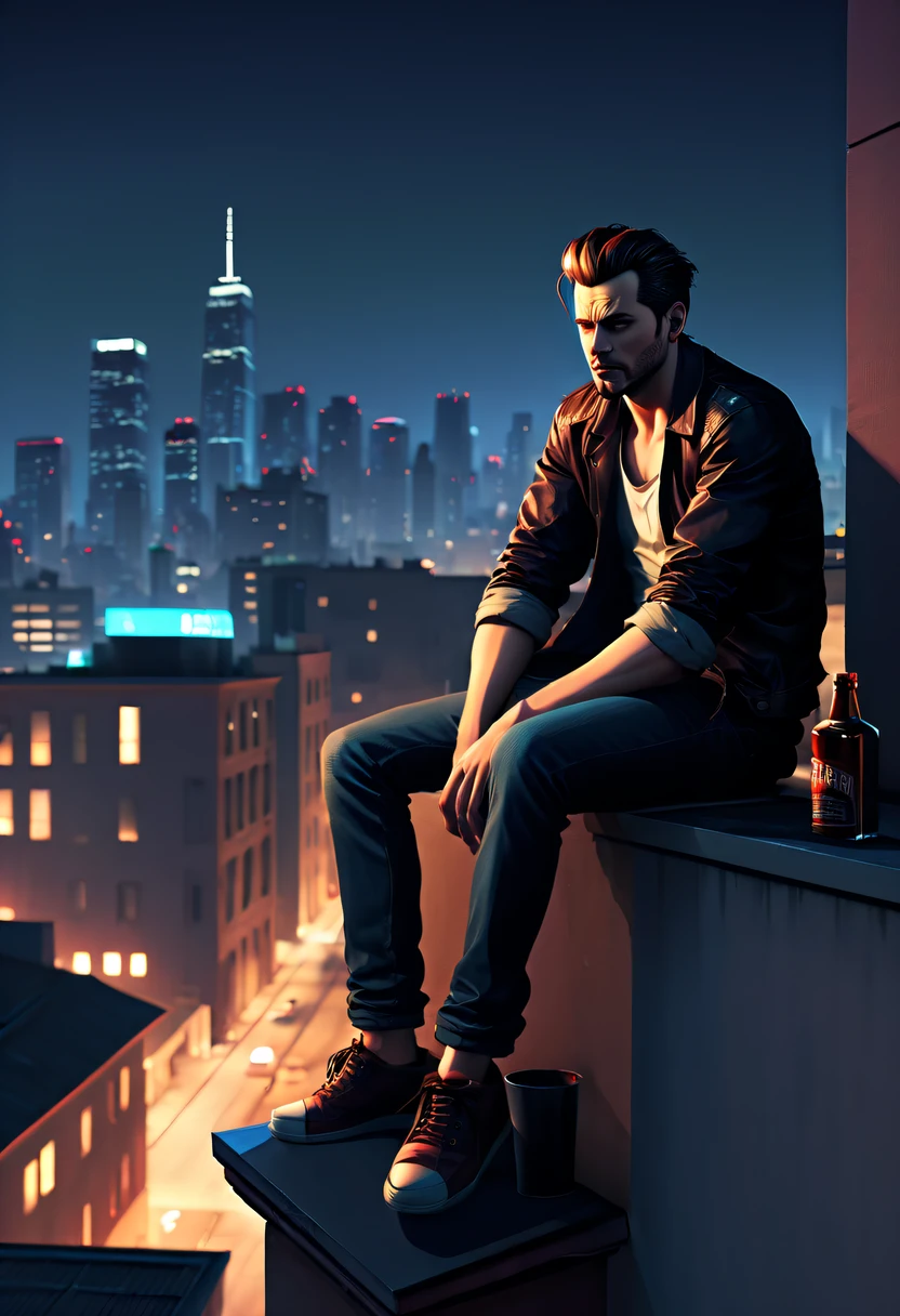 (GTA STYLE:1.5),city night, sitting on rooftop,drunkard,lonely and strong