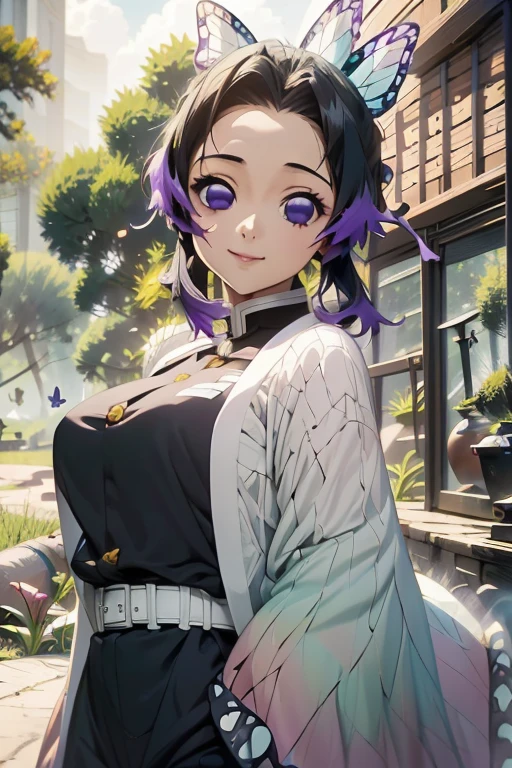 Ultra-realistic 8K CG，tmasterpiece，（（Ultra detailed backgrounds，delicate patterns，Best intricate and detailed quality，very vey very detailed face，extremely detailed eye and face，Very detailed eyes，kochou shinobu，O cabelo multicolorido，No bangs，Hair intake，Purple Eye，Forehead，Black shirt，Black pantsuit，haori，butterflys，Strip strip，（Torpical Garden：1.2），purple flower，Mostly cloudy sky，rays of sunshine，Tindall Effect，gradient_skyporn，faces，Beautiful sky，Saber on the waist，enchanting posture，full bodyesbian、（onepiece:1.5)、perfect hands perfect fingers perfect breasts perfect hair perfect face perfect body