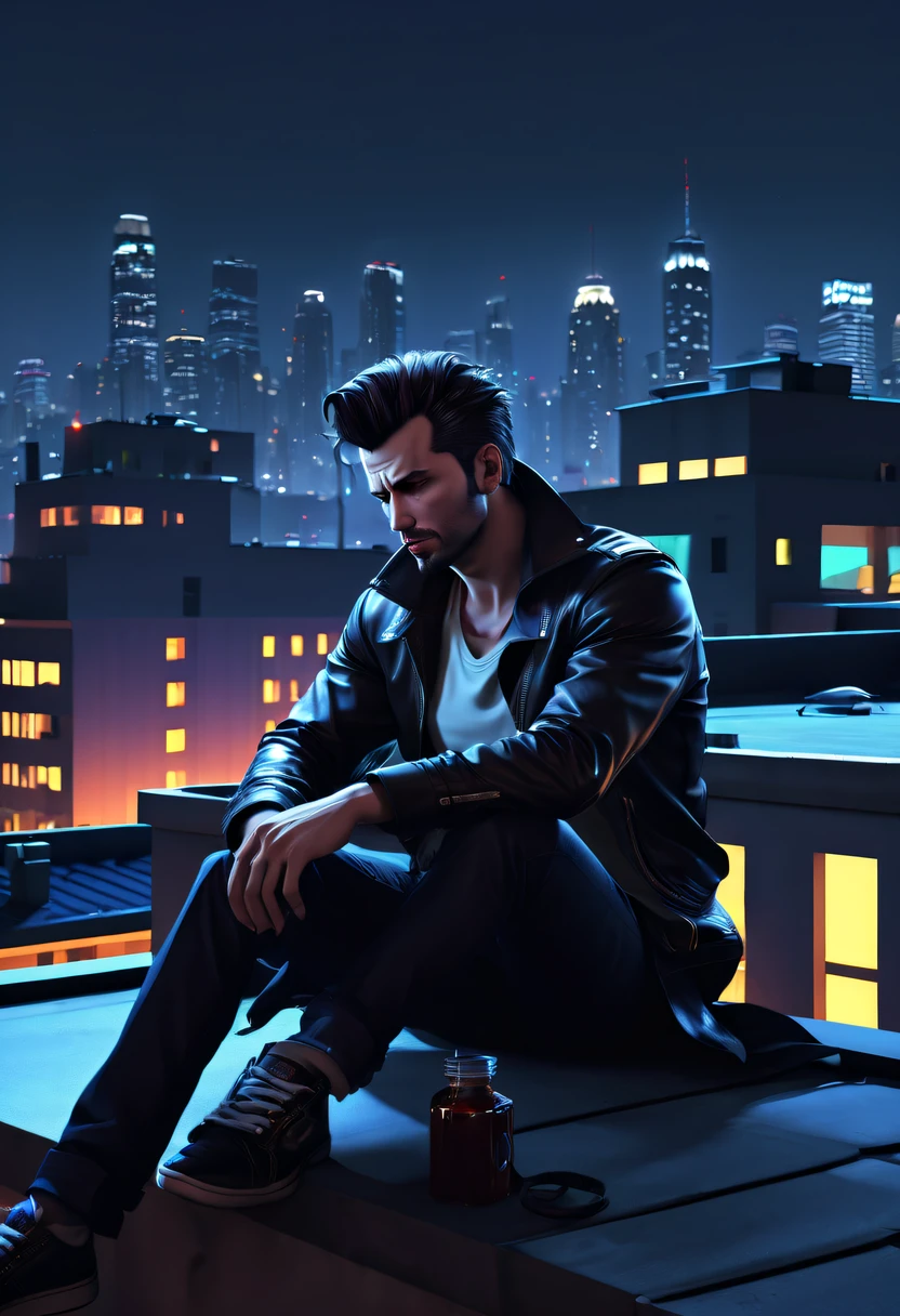 (GTA STYLE:1.5),city night, sitting on rooftop,drunkard,lonely and strong