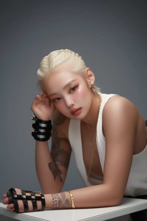 mulher arafada com cabelos brancos e pulseiras pretas posando para uma foto, Kristen Stewart, tomboy cabelo platinado curto, an epic non - binary model, non binary model, androgynous person, Photo Session, Aurora Aksnes, com cabelo branco curto, Miley Ciro, Emma Watson Harley Quinn, cabelos brancos curtos raspados laterais, very short slicked - back hair