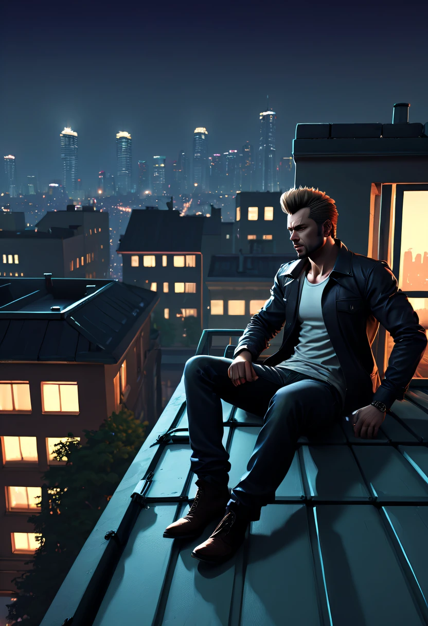 (GTA STYLE:1.5),city night, sitting on rooftop,drunkard,lonely and strong