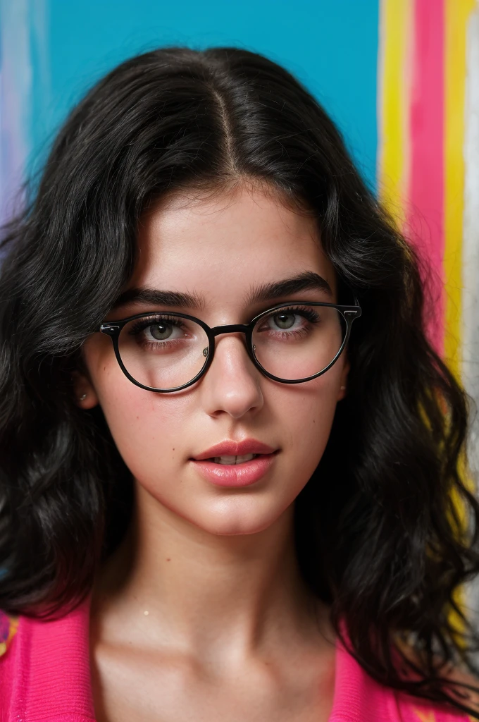 -yeld wo Spanish Araf looking black curly hair clear face wearing glasses betty la fea big eyebrows (detailed),cute clear face,detailed unblurred face,dua lipa-like,illustrative medium,oil painting medium,soft brush strokes,pencil sketch details,vibrant colors,stylish and modern background, black t-shirt black shirt from cover of Taylor Swift and jeans, tumblr, toyism, eighties look, 90s style, 9 0 s vibe, 90’s vibe vivid and dreamy lighting,shadow play-contrast lighting,best quality,high-res masterpiece:1.2,detailed and realistic,sharp focus,professional,stunning bokeh