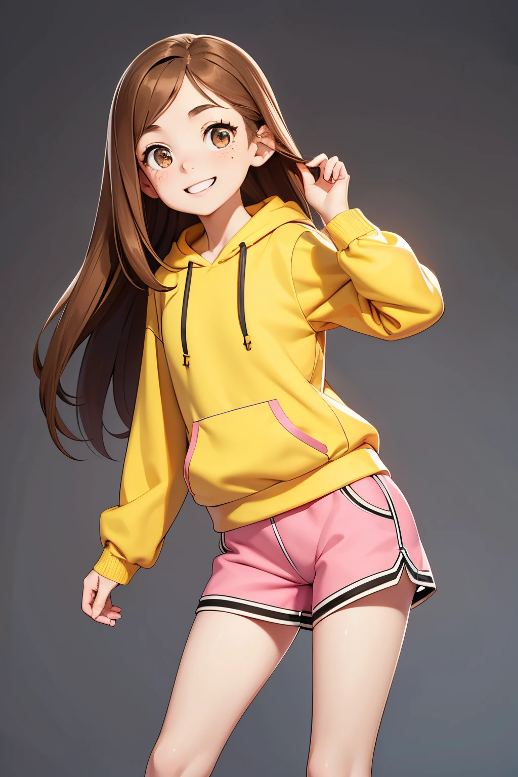 (best-quality:0.8), (masterpiece), very pale skin, long hair, brown hair, light brown eyes, feminine, freckles, petite, lean,  small frame, graceful, elegant, pretty, smiling, cute, cheerful, pink shorts, yellow hoodie