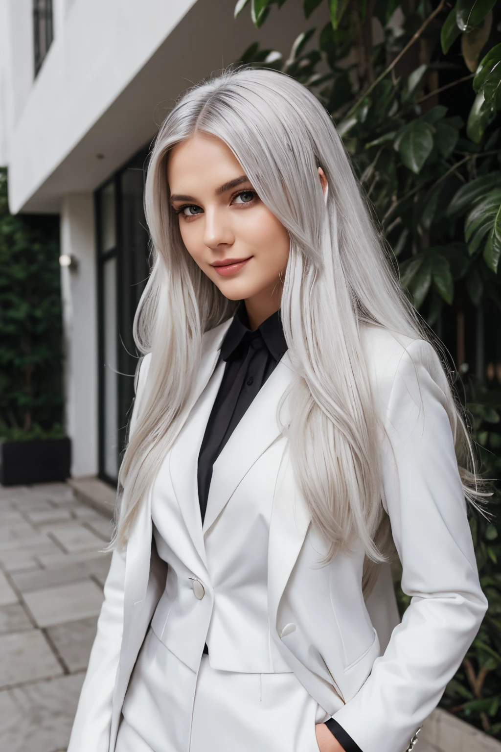 masterpiece, best quality, 1girl, white hair, subtle smile, formal suit, white and gray suit, long white hair, hair with black balyage, white and black hair, wolfcut hair, wolfcut beautiful woman, perfect body