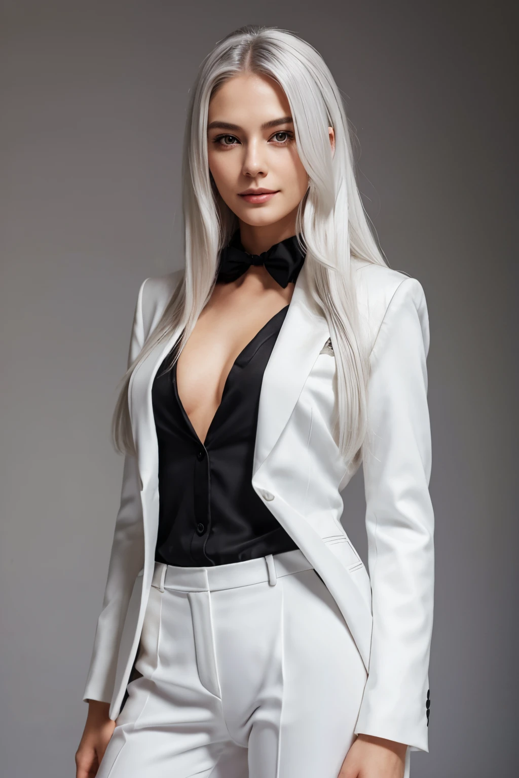 masterpiece, best quality, 1girl, white hair, subtle smile, formal suit, white and gray suit, long white hair, hair with black balyage, white and black hair, wolfcut hair, wolfcut beautiful woman, perfect body