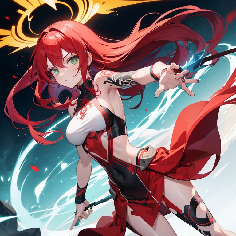 Girl with long bright red hair, with bright green eyes, slender build has several tattoos on his arms and back. Battle mage by profession
