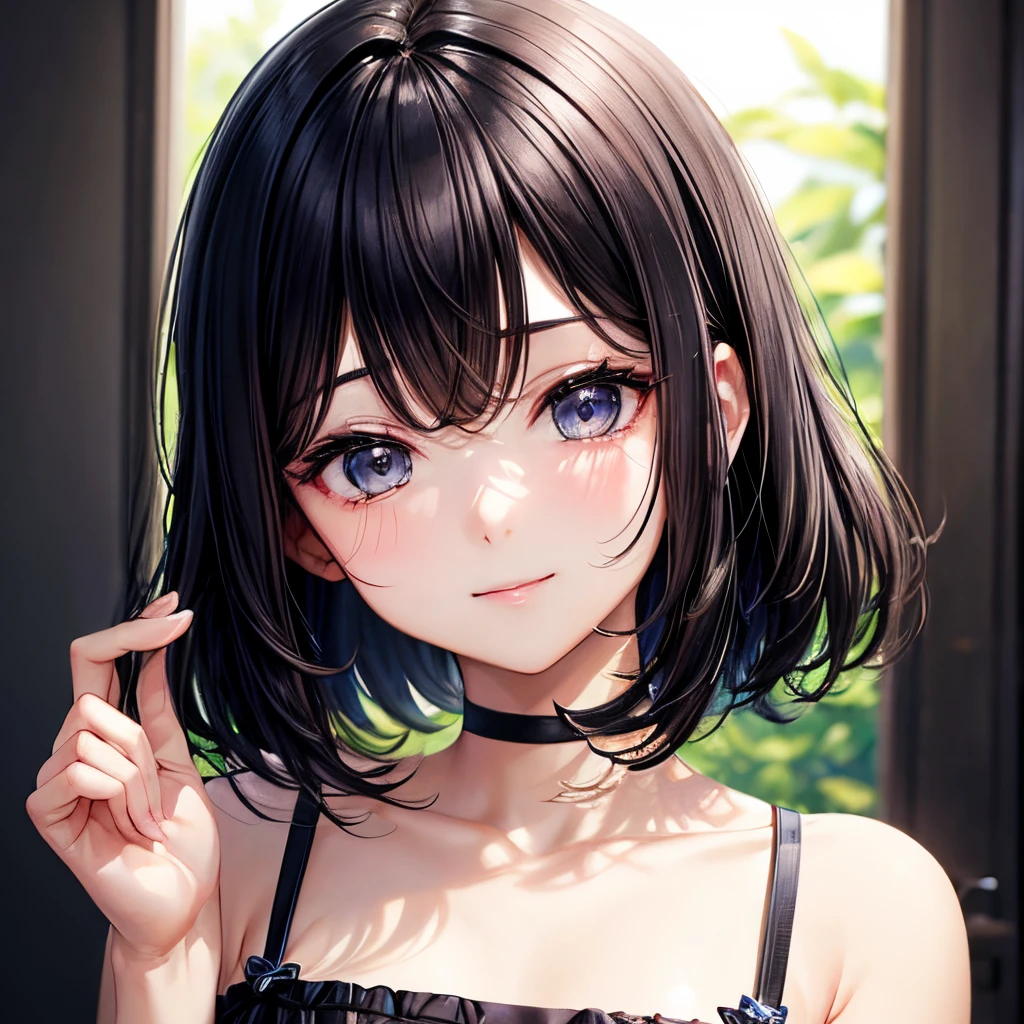 A dark-haired、a short bob、Gentle Wave、femele、Eyes look forward、A slight smil、Soft atmosphere、spotless、Adults