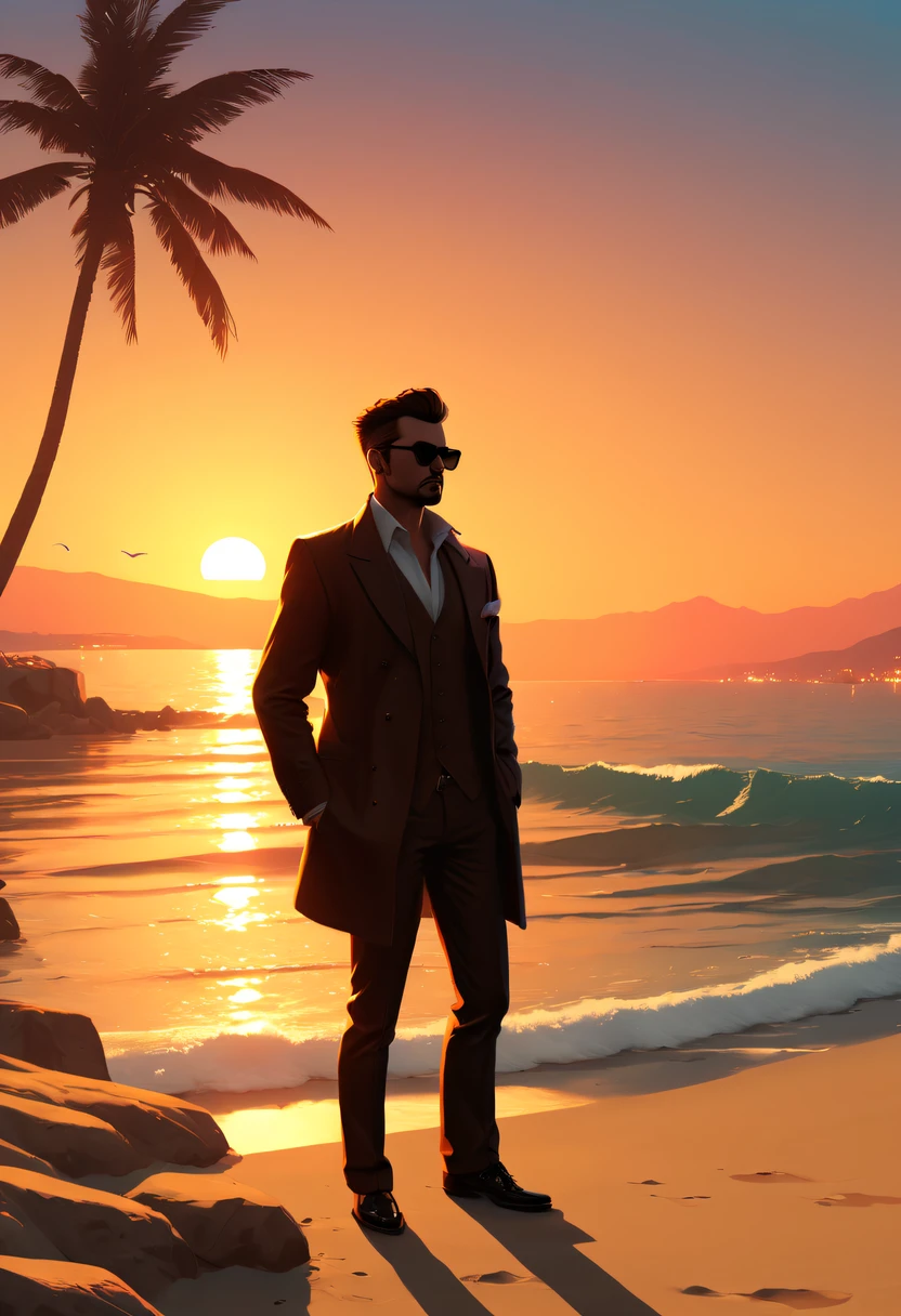 (GTA STYLE:1.5),sea beach,the setting sun,drunkard,lonely and strong