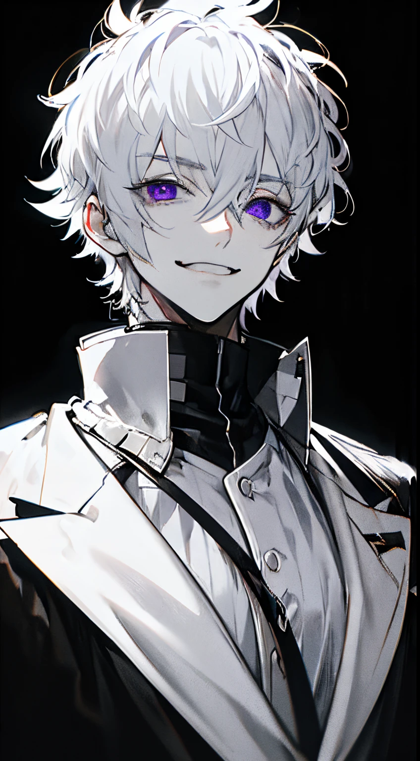 Masterpiece, best quality, high quality, ultra detailed, A man, solo, gantleman, black background, white hair, short hair, purple eyes, badass, smirk