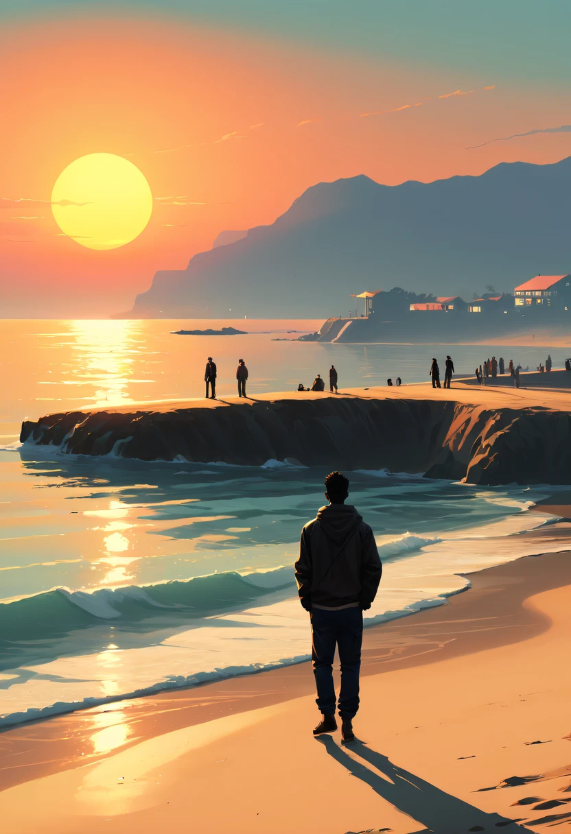 (GTA STYLE:1.5),sea beach,the setting sun,lonely and brave person