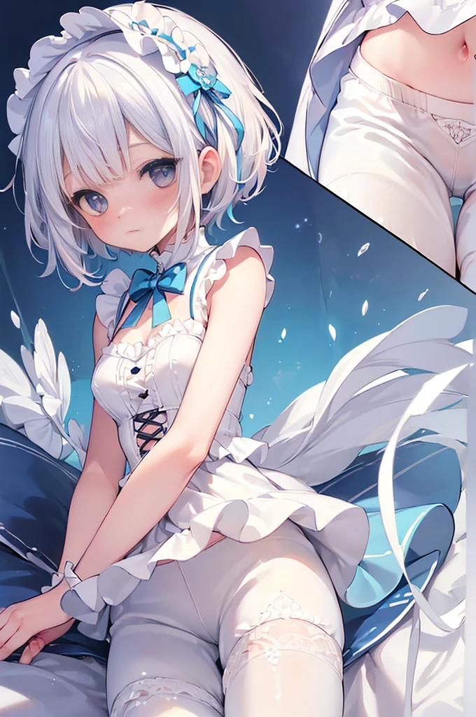 (Masterpiece, Slim Body, Delicate Fingers: 1.2), Best Quality, (Illustration: 1.2), (Hyper Detail), Eye Focus, Ultra Detail, (Fine Detail), (Intricate Detail), HDR, (Ultra Detail: 1.15), (Soft Light: 1.2), 1girl, ((ouji_ta:1.5), (short white pant: 1.8), (costume with blue accents:1.2), (White hair and blue highlights:1.5),cyan eyes, medium, short hair, solo, (medium breasts:1.2), masterpiece, (blushing:1.3), best quality, highly detailed, (loli), fullbody image