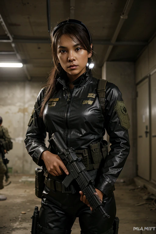 a black man in a gray outfit holding a mp5 rifle and wearing headphones, 24-year-old woman, Filipino woman, tan bronze skin, soldier girl, mechanized soldier girl, military girl, beautiful female soldier, female lead character, infantry girl, of a sniper girl in war, solo female character, future combat gear, close up half body shot, quiet from metal gear solid v, wearing tactical gear, dressed in tactical armor.