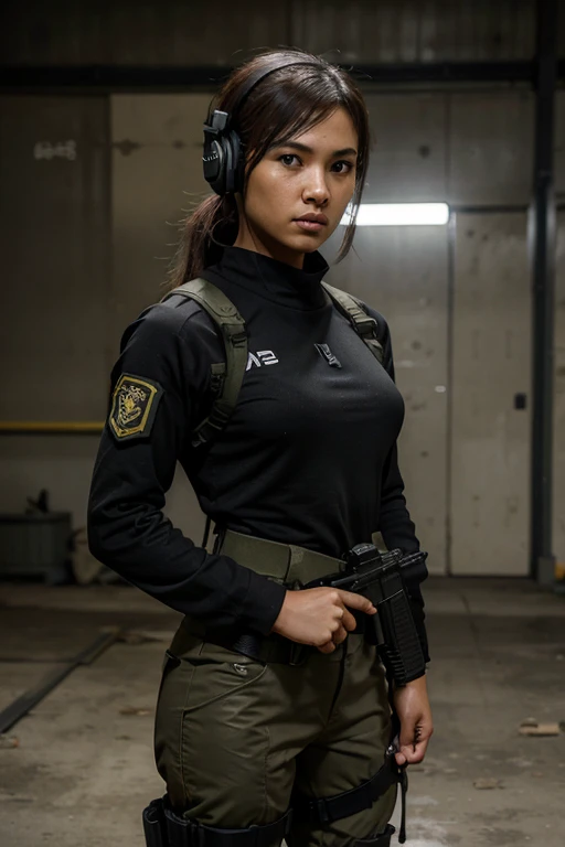 a black man in a gray outfit holding a mp5 rifle and wearing headphones, 24-year-old woman, Filipino woman, tan bronze skin, soldier girl, mechanized soldier girl, military girl, beautiful female soldier, female lead character, infantry girl, of a sniper girl in war, solo female character, future combat gear, close up half body shot, quiet from metal gear solid v, wearing tactical gear, dressed in tactical armor.