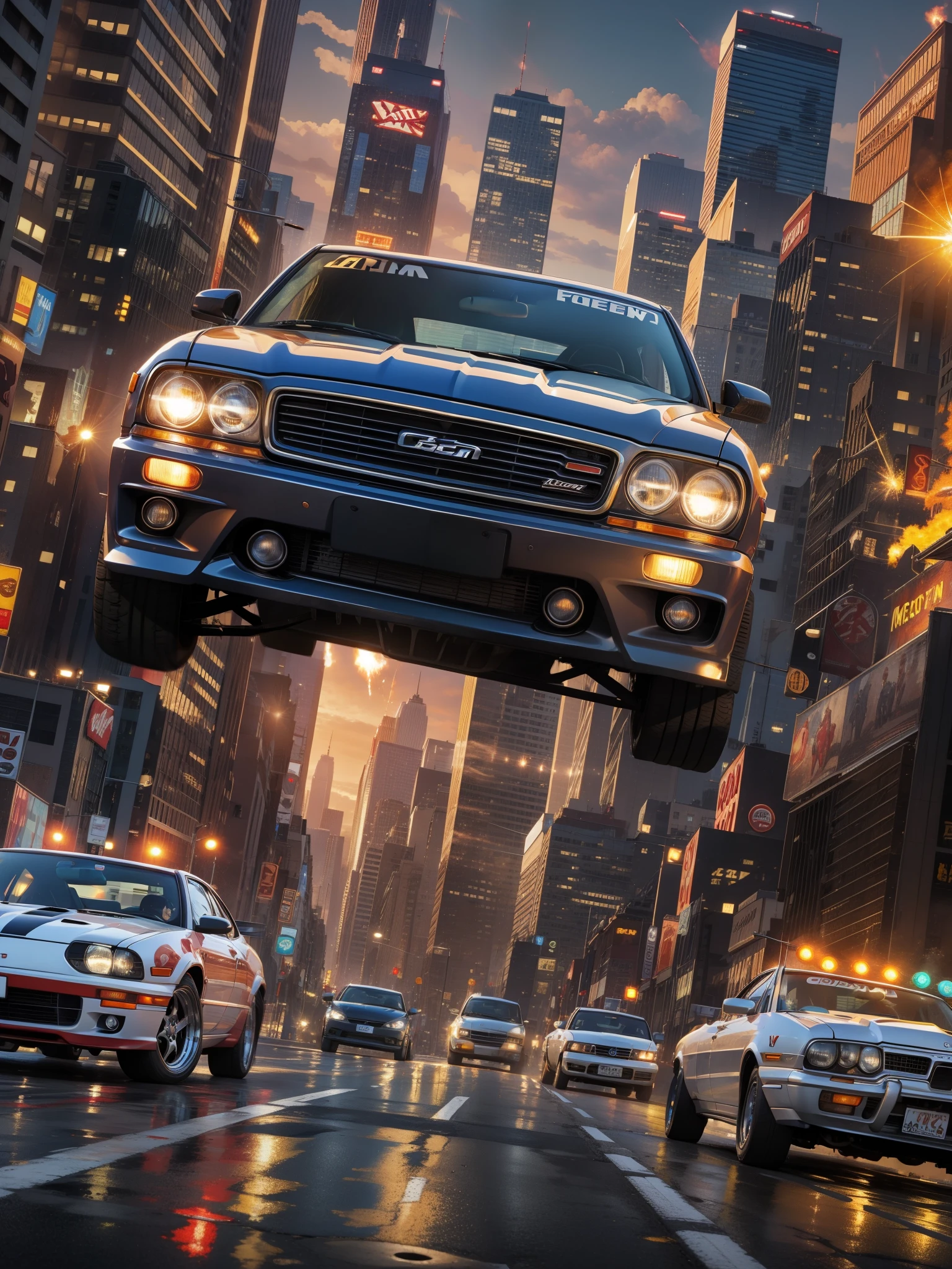 American car,Cool,raunchy,car coming towards you,masterpiece,explosions