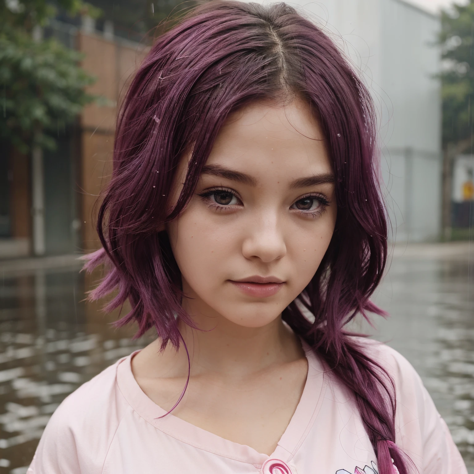 Anime girl Close up wavey magenta hair in rain