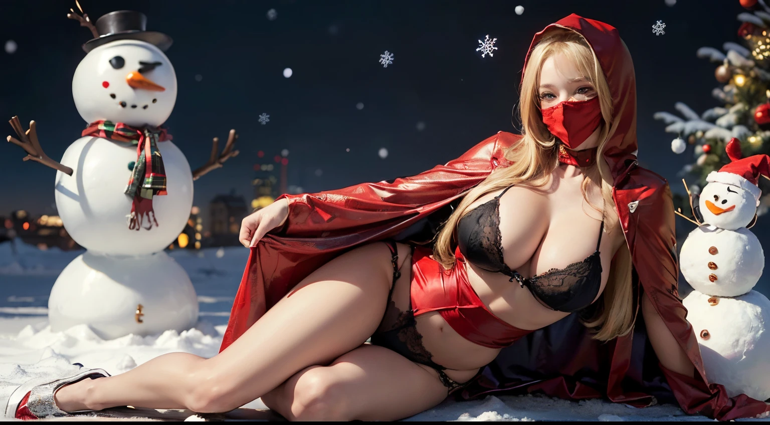 ((best quality)), ((masterpiece)), (detailed), perfect face, ((Big tits)), asian girl, red christmas outfit, lingerie, stocking, xmas, beautyful face, ((stocking)), ((she wearing a red mask)), high heels, ((she wearing a red hood)), ((blonde straight hair)), ((detailed eyes)), it is snowing in the background, (one snowman in the background)