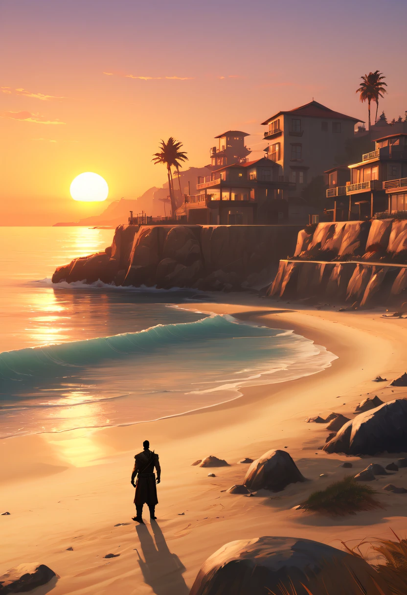 (GTA STYLE:1.5)，sea beach，the setting sun，lonely brave man