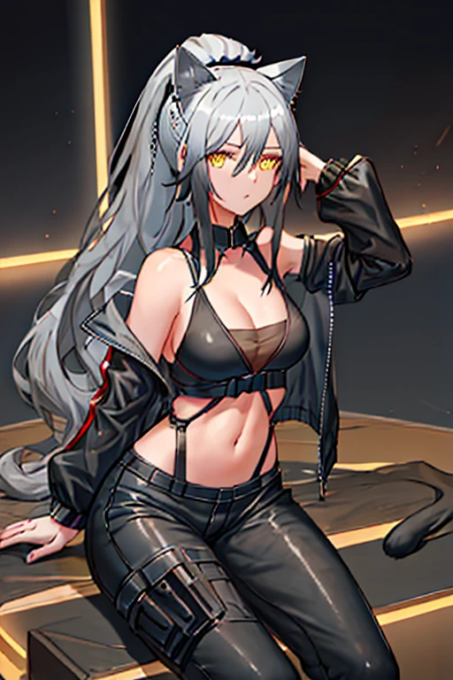 best quality, masterpiece, highres, solo, {schwarz_arknights:1.15}, animal_ears, grey_hair, long_hair, cat_ears, bangs, yellow_eyes, ponytail, breasts, hair_between_eyes, upper_body, cleavage, large_breasts, 1girl, black_headwear, black_jacket, ears_through_headwear, hat, headset, jacket, long_sleeves, looking_at_viewer, official_alternate_costume, pants, sitting, white_pants, closed_mouth, thigh_strap, outdoors, tight_pants