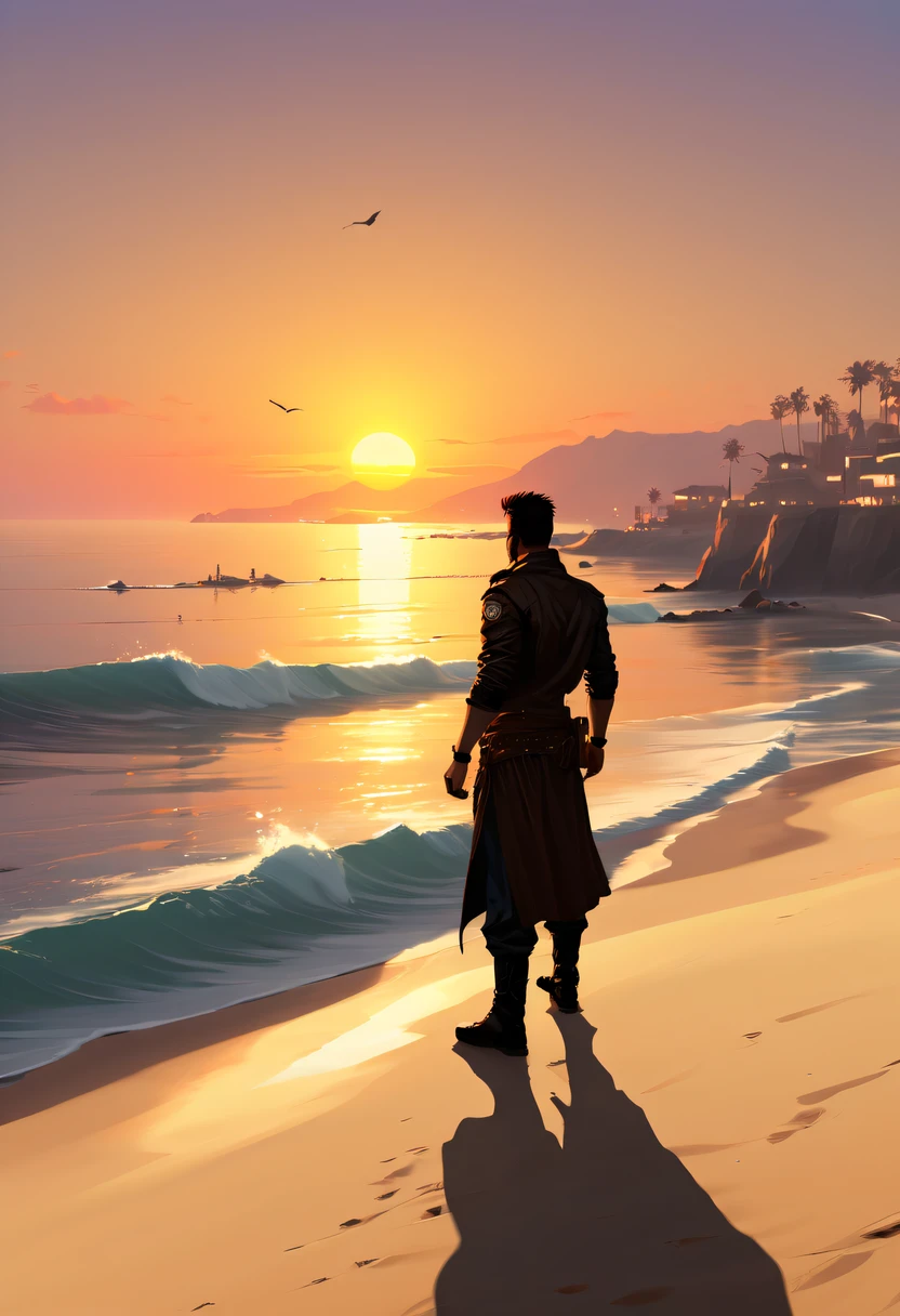 (GTA STYLE:1.5)，sea beach，the setting sun，lonely brave man