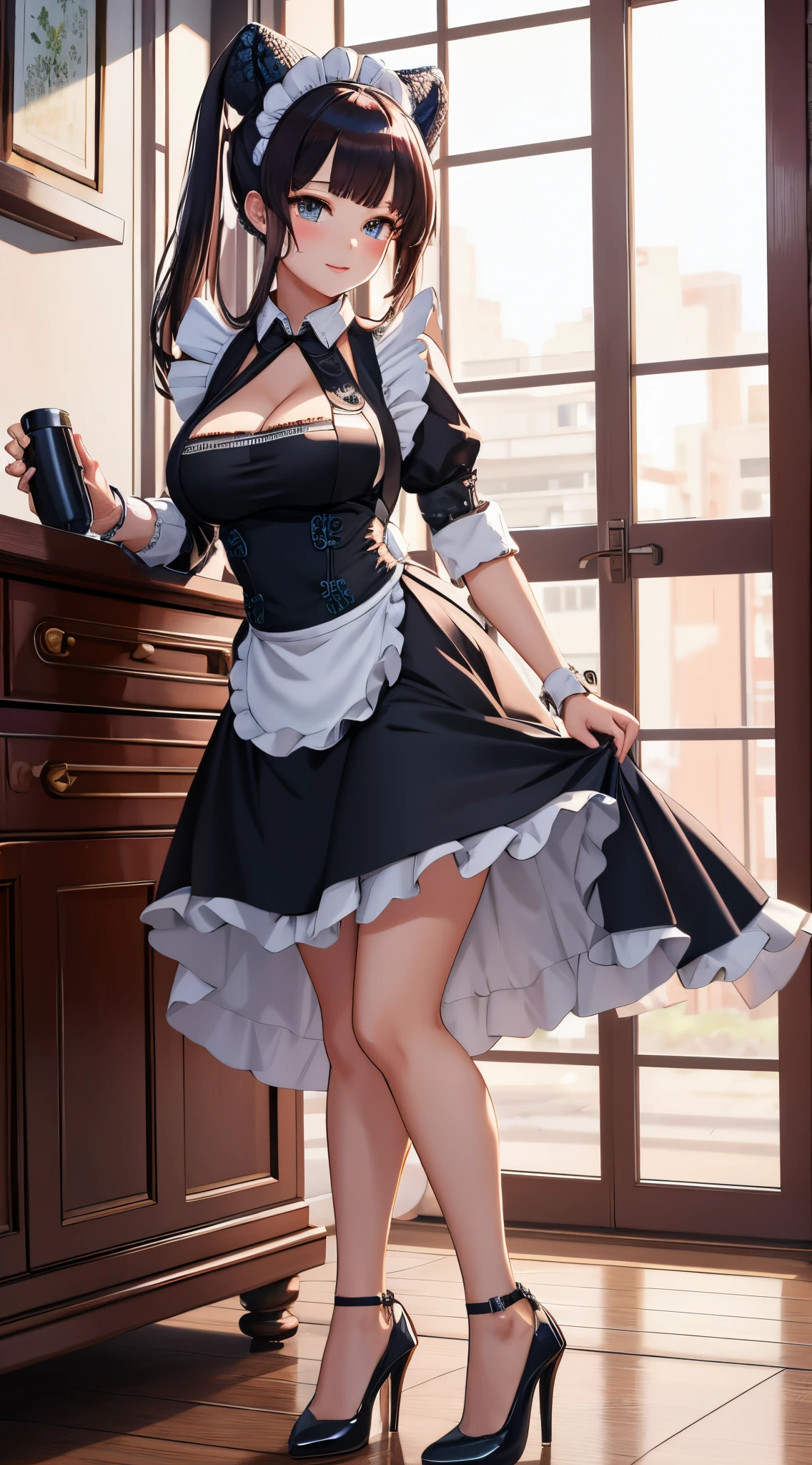 (best quality), 1 girl, ultra-detailed, illustration, yang guifei, standing, (maid:1.4), cleavage, maid apron, high heels