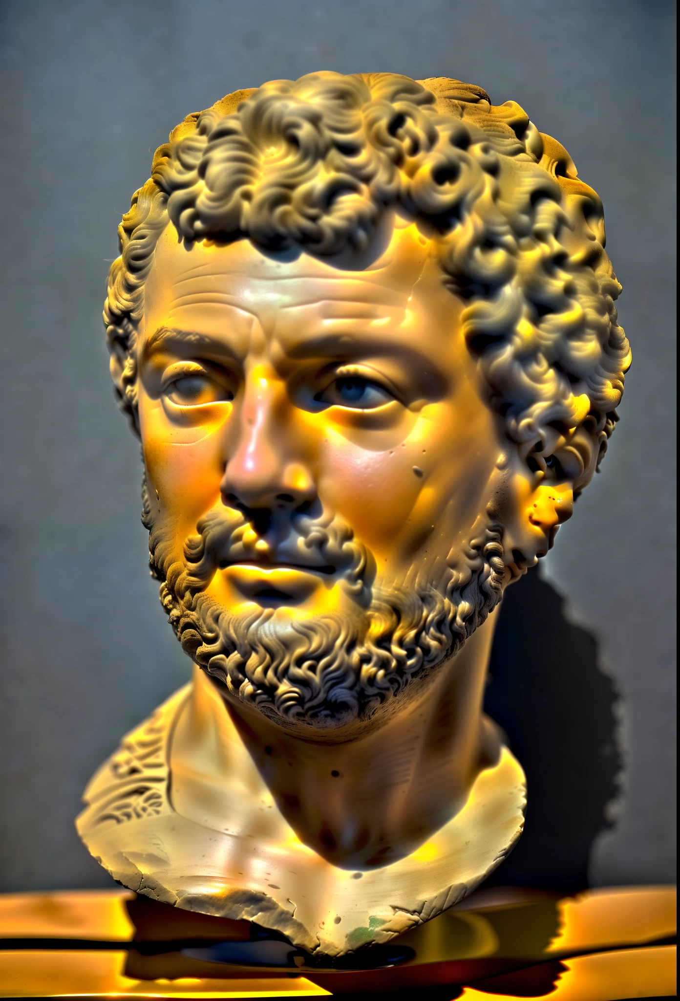 a close up of a bust of a man with curly hair, fayum portrait, male face and bust, stoic facial expression, roman sculpture, roman face, ancient rome man, stoic face, bust of hercules, greco roman statue, inspired by Pietro Testa, roman, bust, an ancient male bearded face, bust with intricate details, artist unknown