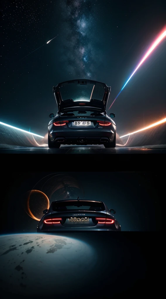 Speakers in the back of a jaguar car launched into space through the wormhole to another dimension.