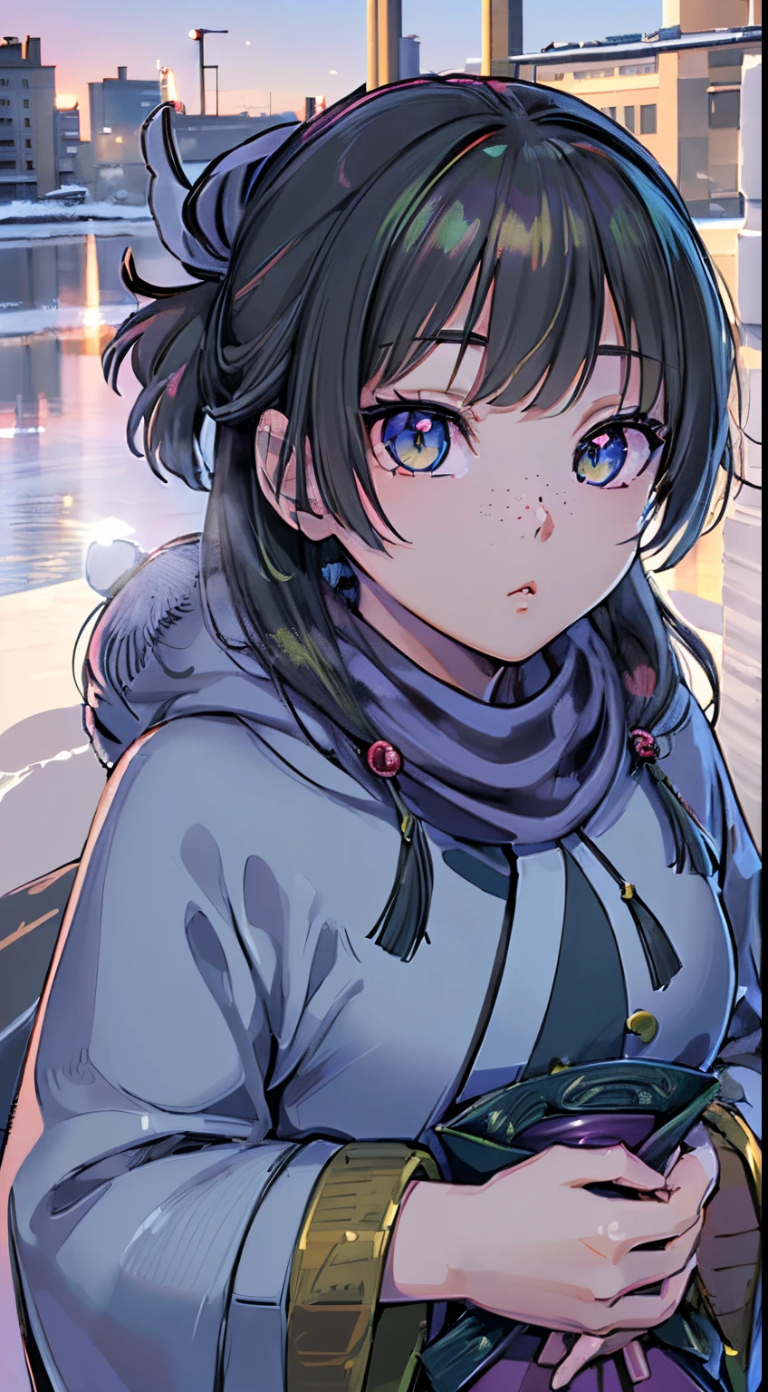 ((Anime, One Woman, Detailed Eyes, Detailed Face, Detailed Body), ((Best Quality, Highly Detailed 8K Background, Best Shadow), Highly Detailed, (Detailed Beautiful Eyes), ((Winter Clothes, Daylight, Winter)))) (cowboy shot), anime, city, best quality and high details, 4K