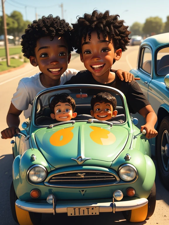 a 3D pixar disney styles poster with two boys sitting together in a toy car, a black boy with lighter skin, approximately 1 year and 4 months old, black curly hair, light greenish brown eyes, smiling, slightly chubby, with 04 white teeth, the other a white boy with lighter skin, like a twin, both smiling at the camera, beautiful boys, happy faces, driving in a small toy car, they are very serious, Twins, Beautiful faces, the cars have faces, having fun, Bowater Charlie and Brom Gerald, serious faces, Sweet looks, facing forward