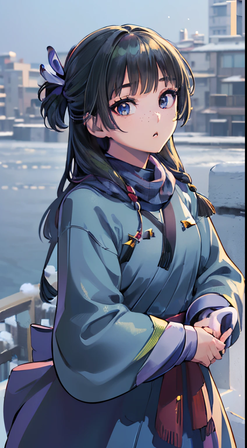 ((Anime, One Woman, Detailed Eyes, Detailed Face, Detailed Body), ((Best Quality, Highly Detailed 8K Background, Best Shadow), Highly Detailed, (Detailed Beautiful Eyes), ((Winter Clothes, Daylight, Winter)))) (cowboy shot), anime, city, best quality and high details, 4K