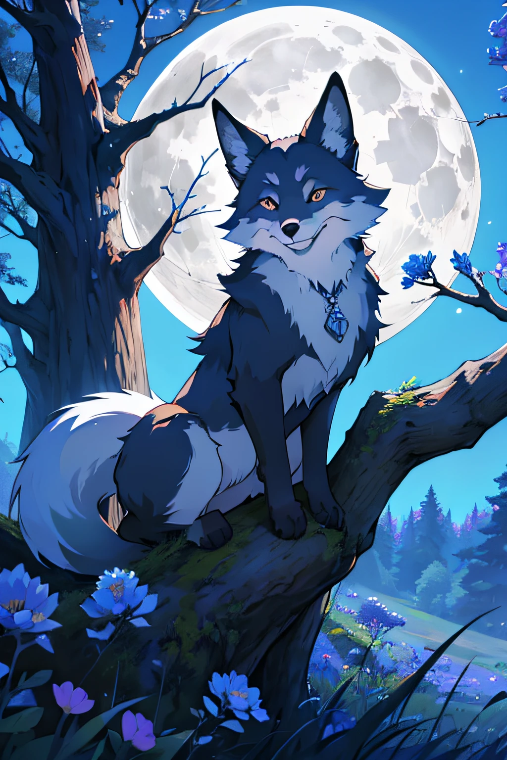 silver-furred fox with nine tails under a tree full of blue flowers with the moon behind