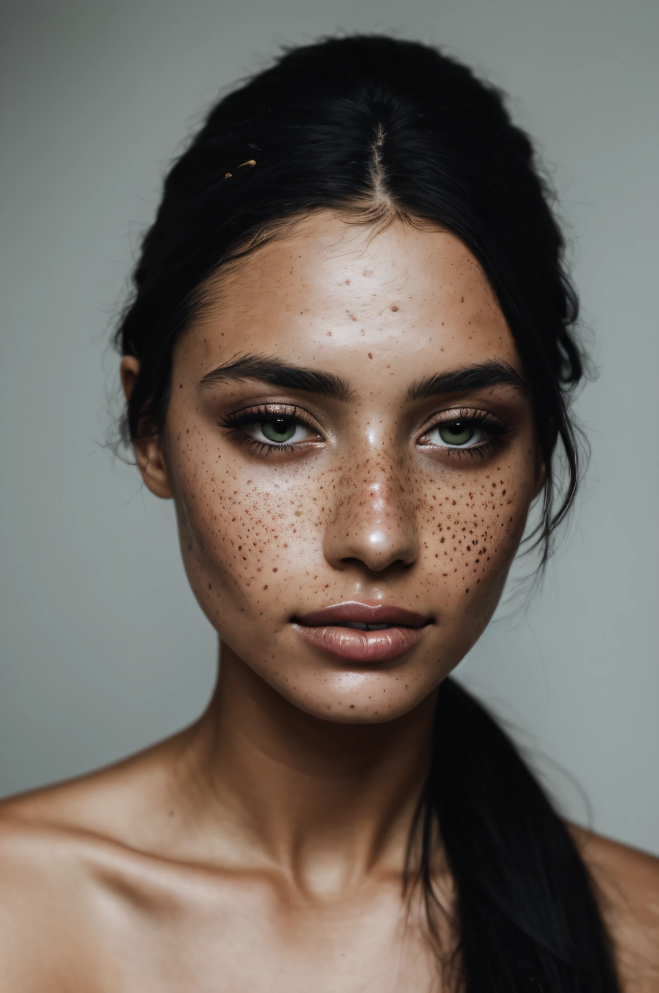 arafed woman with freckles and a ponytail with a black hair, elegant freckles, woman with freckles, tanned beauty portrait, freckled face, detailed beauty portrait, hint of freckles, freckled, freckles, sparse freckles, photo of a beautiful woman, light freckles, soft freckles, with freckles, portrait of a beautiful model, beauty portrait, gorgeous face portrait