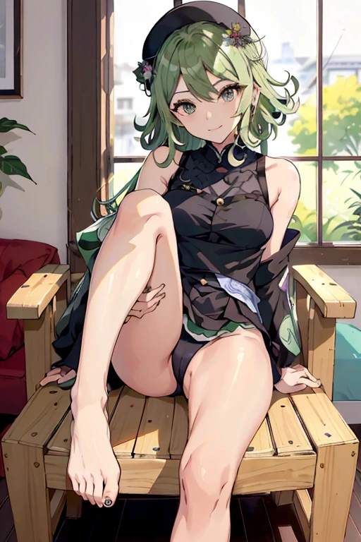 (master part, Qualidade Superior: 1.1), scenic view, assimetria, Tatsumaki, (sitting on a chair with one leg raised showing the sole of the foot), sala de aula, olhando para baixo, ponto de vista de baixo para cima, janela ao lado da personagem fazendo luz, roupas da tatsumaki, perfect feet