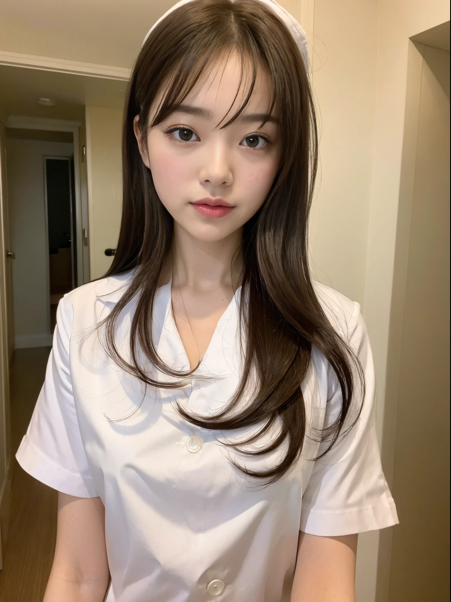 (top-quality、8K、32K、masterpiece、nffsw:1.2)、Photo of a cute Japanese woman、 1 人、(Medium short dark brown hair)、(small tits)、二重まぶた、White nurse uniform、Little White Nurse (caps) 、White shirt、open-shirt、hospitals、Hospital Room、The upper part of the body、