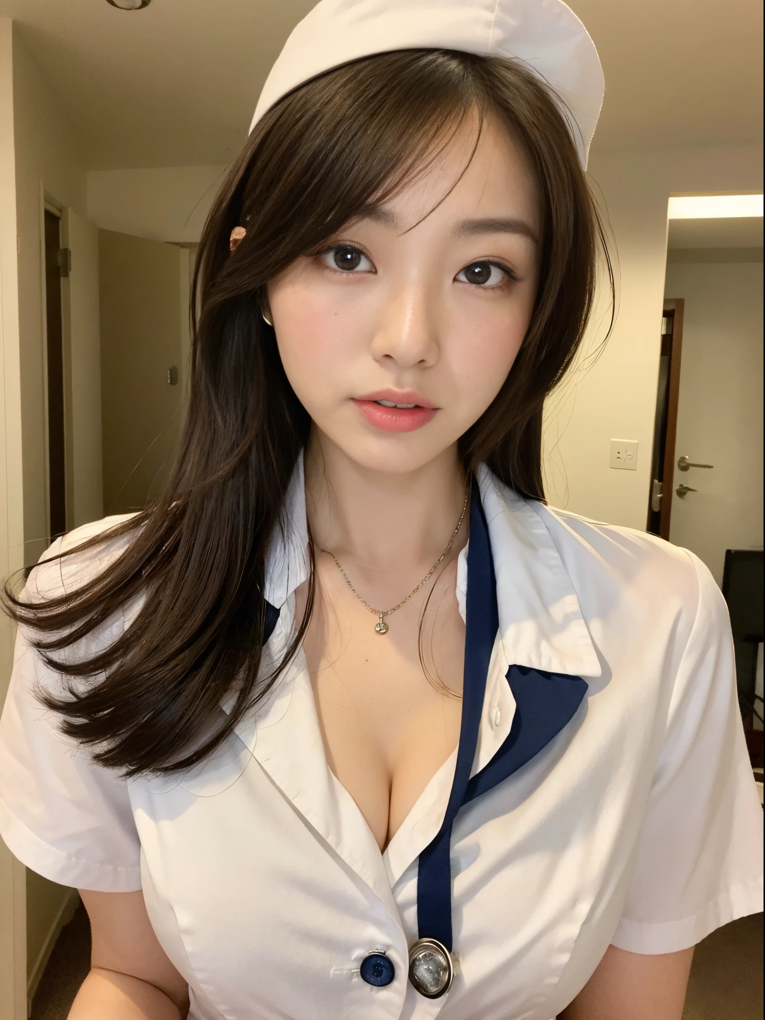 (top-quality、8K、32K、masterpiece、nffsw:1.2)、Photo of a cute Japanese woman、 1 人、(Medium short dark brown hair)、(small tits)、二重まぶた、White nurse uniform、Little White Nurse (caps) 、White shirt、open-shirt、hospitals、Hospital Room、The upper part of the body、breasts looking