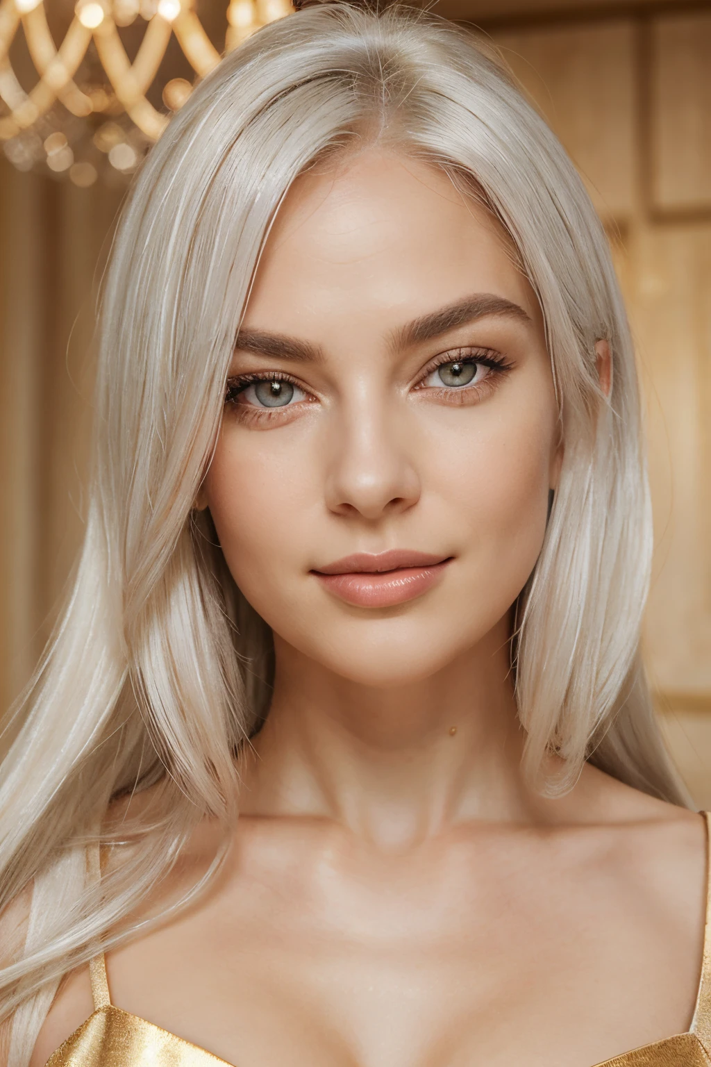 masterpiece, best quality, 1woman, white hair, subtle smile, formal suit, long silver hair, , beautiful woman, perfect body, big lips, plump round lips, perfect face, fair skin, golden eye color, hazel eyes, foxy eyes, radiant golden eye color, big plump lips, foxy face, upturned eyes, straight eyebrows, pale skin,
