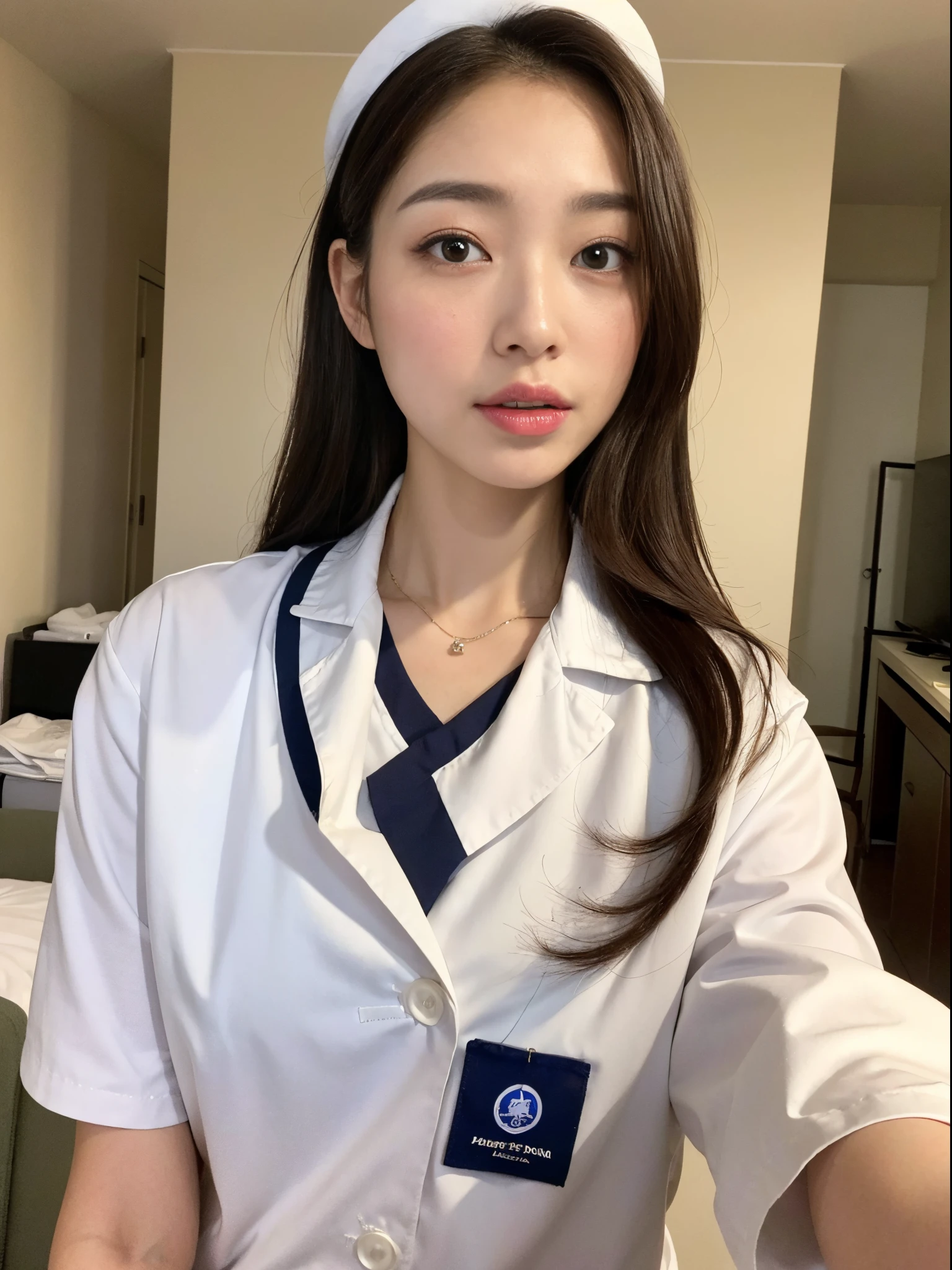 (top-quality、8K、32K、masterpiece、nffsw:1.2)、Photo of a cute Japanese woman、女の子 1 人、(Medium short dark brown hair)、(small tits)、二重まぶた、White nurse uniform、Little White Nurse (caps) 、White shirt、open-shirt、hospitals、Hospital Room、The upper part of the body、breasts looking