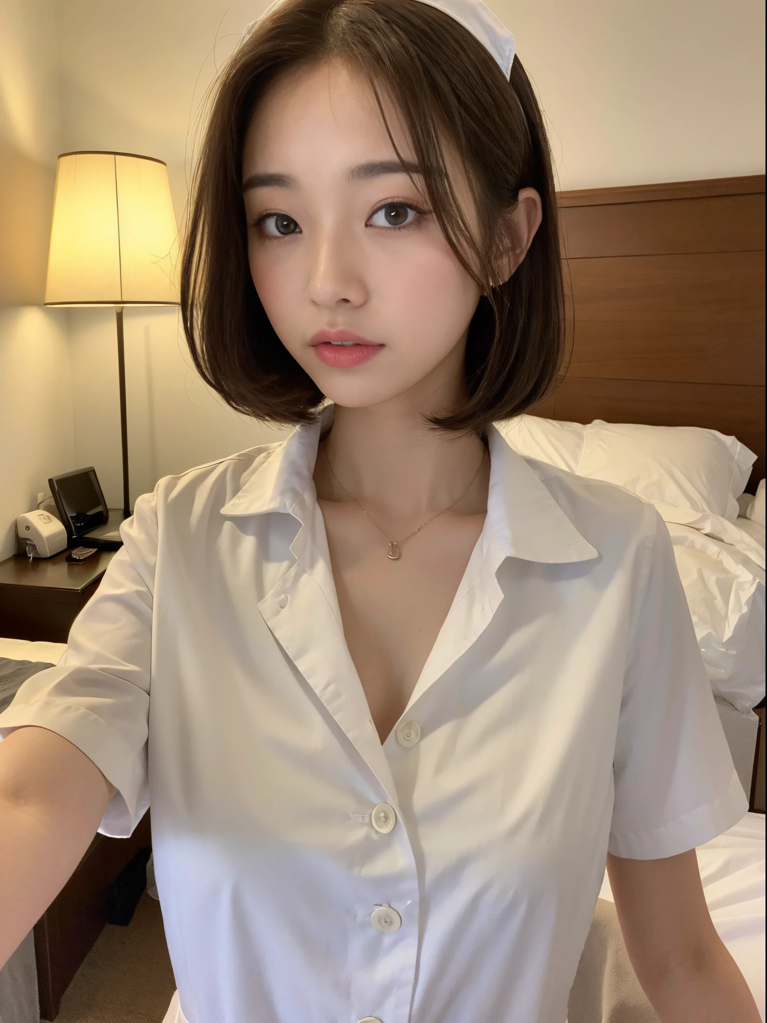 20代前半のlikeい女性を想像してください, Soft, A round face that exudes gentle charm. Her hair is cut into a neat bob that is swept just above her shoulders, Frame your face with subtle waves that catch the light. Women's eyes are alive with a sparkle of joy, her lips curled with satisfaction, gentle smile. she is wide々I'm sitting in my bedroom, The morning sun is shining through the large window next to her., Radiate a warm glow、like々Enhances beautiful skin.
She is wearing a crisp white shirt dress, Buttoned properly in front, Hem ends at mid-thigh, Proposing relaxing yet stylish homeware. The fabric has a silky shine, Suggest software, Comfortable material perfect for relaxing indoors. her attitude is casual, While placing one hand gently on your waist, the other is lightly touching the edge of a dark wooden bed frame, Contrast with light-colored bedding that is rumpled from a night's rest.
after her, You can see the cityscape from the window, A group of skyscrapers rising against a clear blue sky. The contrast between the quiet indoors and the bustling city outdoors、A sense of personal haven amidst the hustle and bustle of city life。. In this scene、A moment of stillness、The simple elegance of a peaceful morning is condensed.。.