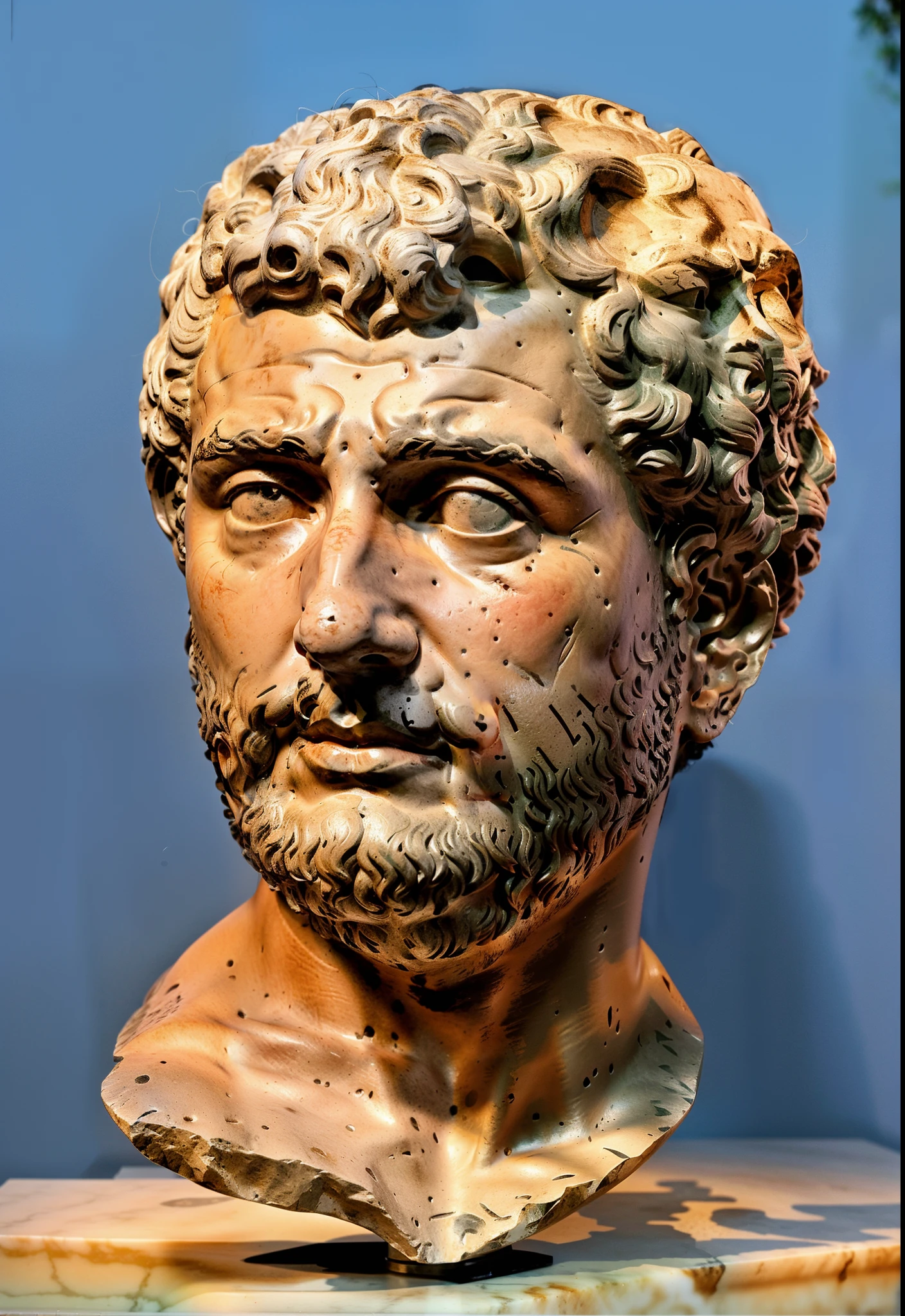 a close up of a bust of a man with curly hair, fayum portrait, male face and bust, stoic facial expression, roman sculpture, roman face, ancient rome man, stoic face, bust of hercules, greco roman statue, inspired by Pietro Testa, roman, bust, an ancient male bearded face, bust with intricate details, artist unknown