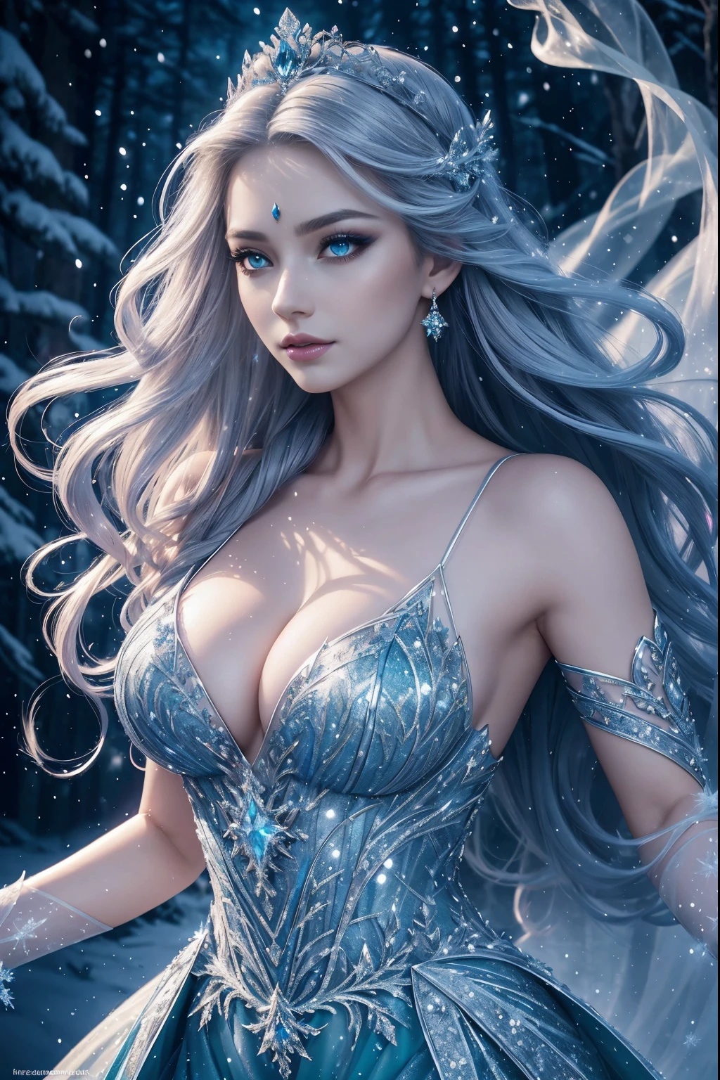 best quality,high-res,elegant gown,show skin,breasts,cleavage,fantasy,mythical,dramatic lighting,intense colors,beautiful detailed eyes,beautiful detailed lips,longeyelashes,wavy golden hair,sparkling  crown,frosty makeup,fierce expression,glowing ethereal background,enchanted forest,sparkling snowflakes, sculptures,crystal-clear  palace,glittering aurora borealis,queenly demeanor,magical atmosphere,subtle snowfall,vibrant blue tones,majestic pose, shards,mesmerizing beauty,graceful movement,frozen landscape,smoke-like mist,elegant and regal,intense gaze,ethereal presence,powerful and confident