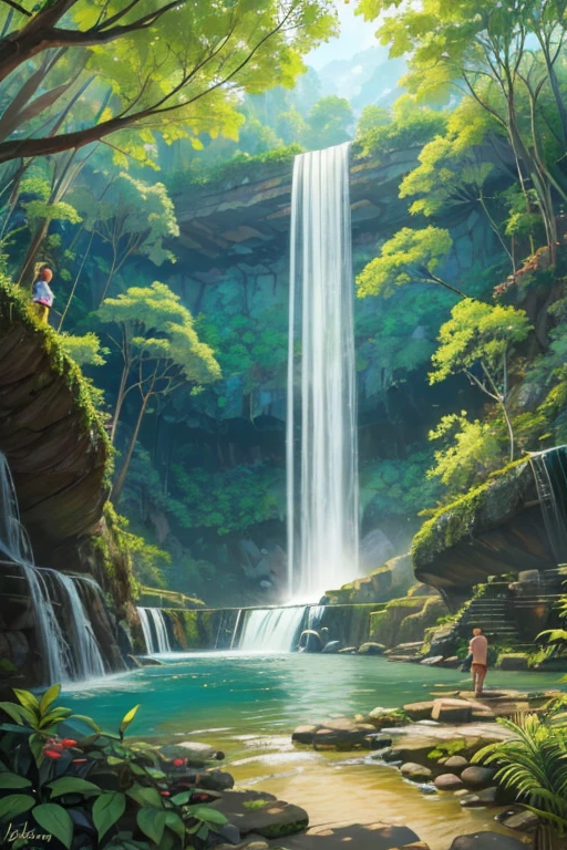 painting of a waterfall in a forest with a river running through it, Una cascada sin fin, multiple waterfalls, Cascadas, with trees and waterfalls, cascadas flotantes, (cascada), con cascadas, por Michael James Smith, cascadas, Flores y cascadas, cascadas iridiscentes, cascada, varias cascadas, Cascadas altas, Cascada, Bosque y cascada
