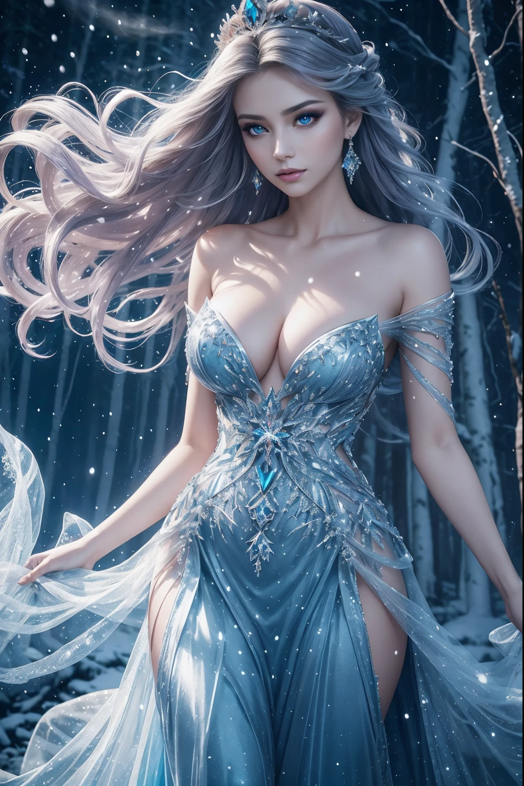 best quality,high-res,elegant gown,show skin,breasts,cleavage,fantasy,mythical,dramatic lighting,intense colors,beautiful detailed eyes,beautiful detailed lips,longeyelashes,wavy golden hair,sparkling  crown,frosty makeup,fierce expression,glowing ethereal background,enchanted forest,sparkling snowflakes, sculptures,crystal-clear  palace,glittering aurora borealis,queenly demeanor,magical atmosphere,subtle snowfall,vibrant blue tones,majestic pose, shards,mesmerizing beauty,graceful movement,frozen landscape,smoke-like mist,elegant and regal,intense gaze,ethereal presence,powerful and confident