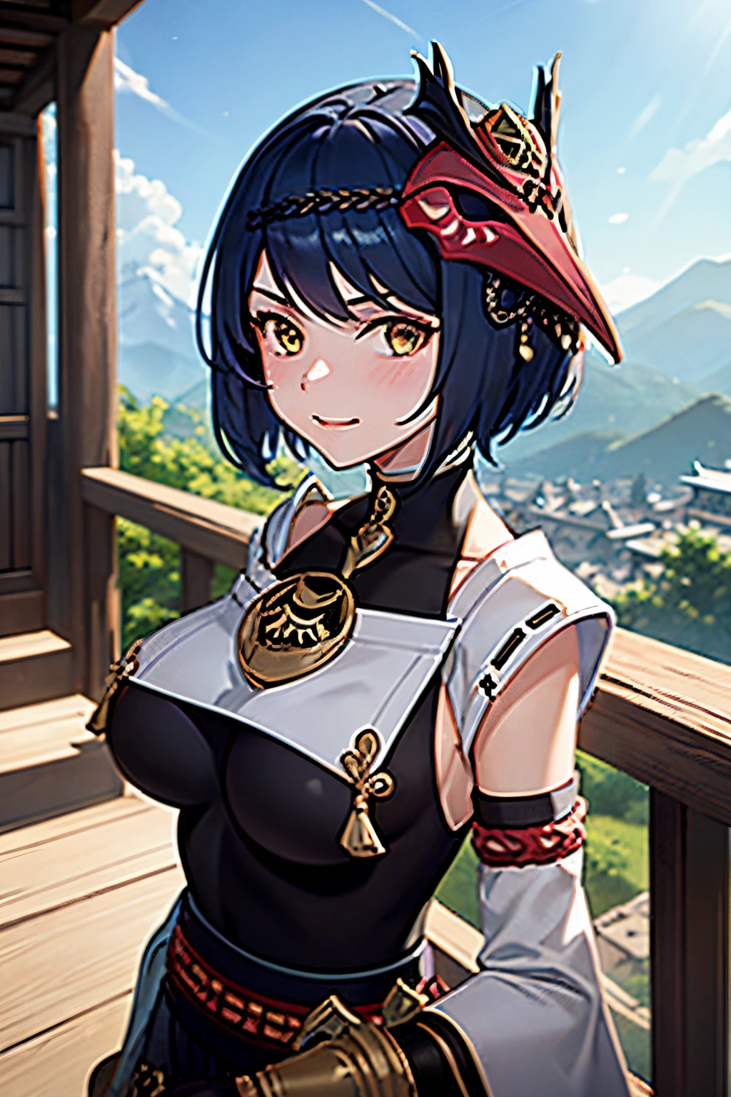 kujousaradef, upper body, smile, blush, outdoors, day, simple background, blue sky, short hair, sky, temple, looking at viewer, stairs, mountain, moody lighting, facing viewer, 1girl, big breasts, Detailedface,