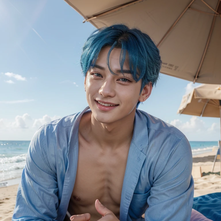 Jungkook from bts in long silky shinning sky blue hairs with golden eyes sitting on the beach when sunlight flashing on his smiling facs
