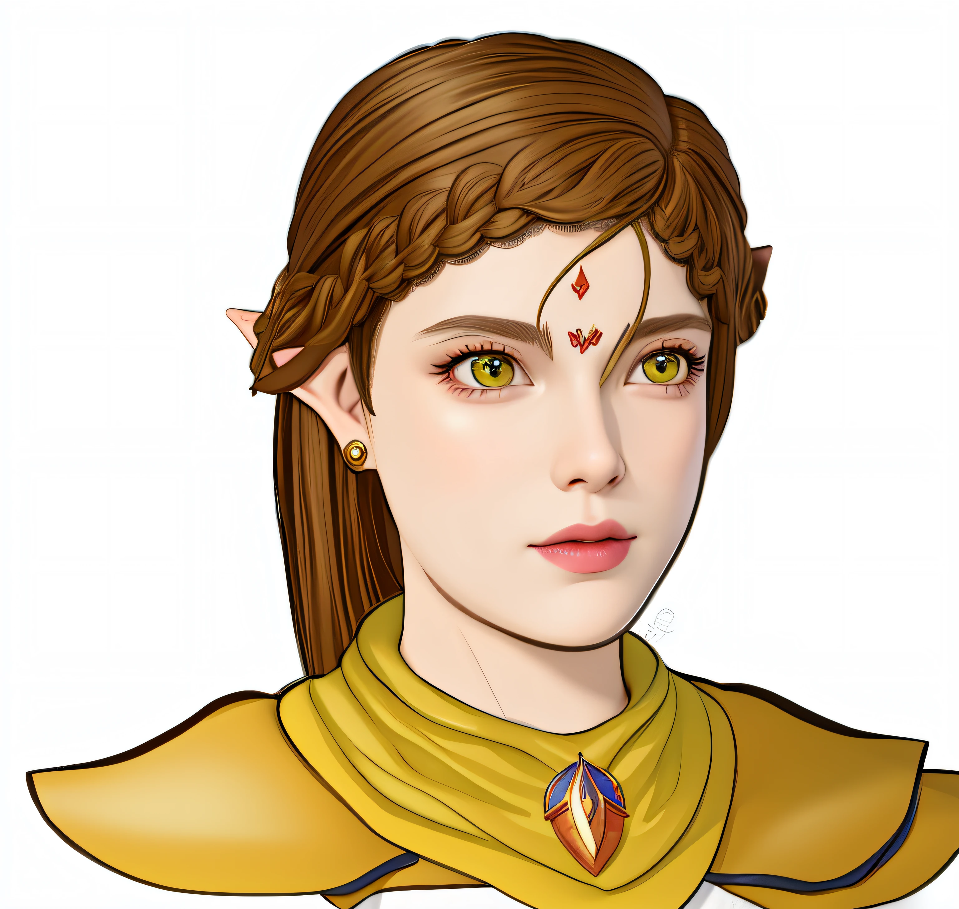 A cartoon image of a woman with a yellow cape and a red heart, DND Avatar Retrato de Halfling, Mulher meio elfa, Retrato de um personagem DND, Retrato do Paladino Feminino, Retrato de um feiticeiro elfo feminino, elven character with smirk, Retrato de uma rainha elfa, Retrato DND, female elfling, portrait female elf wizard, Retrato de Caractere DND