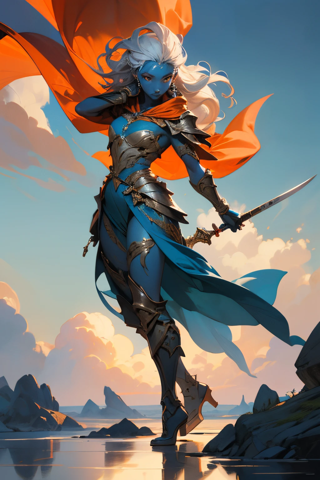 fantasy art, dnd art, RPG art, drkfntasy wide shot, (masterpiece:1.3), full body intense details, highly detailed, photorealistic, best quality, highres, portrait of a exotic race vedalken female (fantasy art, Masterpiece, best quality: 1.3) (blue colored skin: 1.3), intense details facial detail fantasy art, Masterpiece, best quality)cleric, (blue colored skin: 1.3) 1person blue_skin, (bold head: 1.4), white hair, wavy hair, long hair, flowing hair, intense green eye, (fantasy art, Masterpiece, best quality) armed a fiery sword red fire, wearing heavy (white: 1.3) half plate mail armor LnF wearing high heeled laced boots, wearing an(orange :1.3) cloak within fantasy temple background and sun and clouds, reflection light, high details, best quality, 16k, [ultra detailed], masterpiece, best quality, (extremely detailed), dynamic angle, ultra wide shot, photorealistic, RAW, fantasy art, dnd art, fantasy art, realistic art