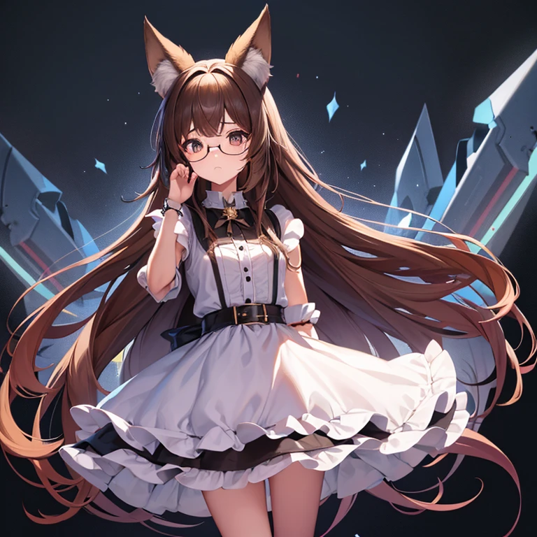 Girl of short stature, slim build 16 years old. Fox ears,long brown hair, brown eye, and the pupils are like a cat’s fangs peeking out a little. On her forehead are gray star-shaped glasses.. She is wearing a maid dress that goes above the knee., in white heels