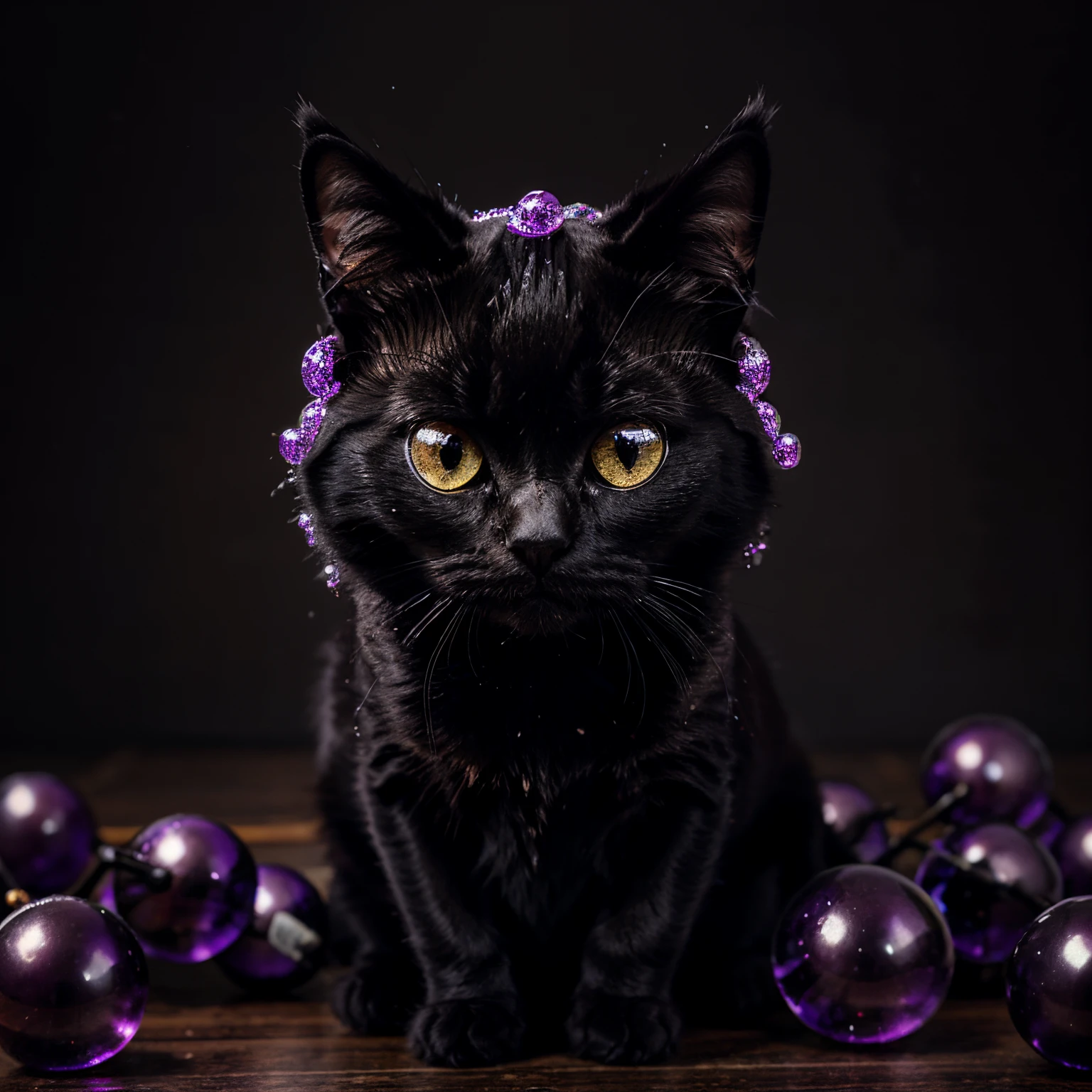 A black cat wither fizzy bubbles in its fur, with grape fizzy soda dripping out of its eye