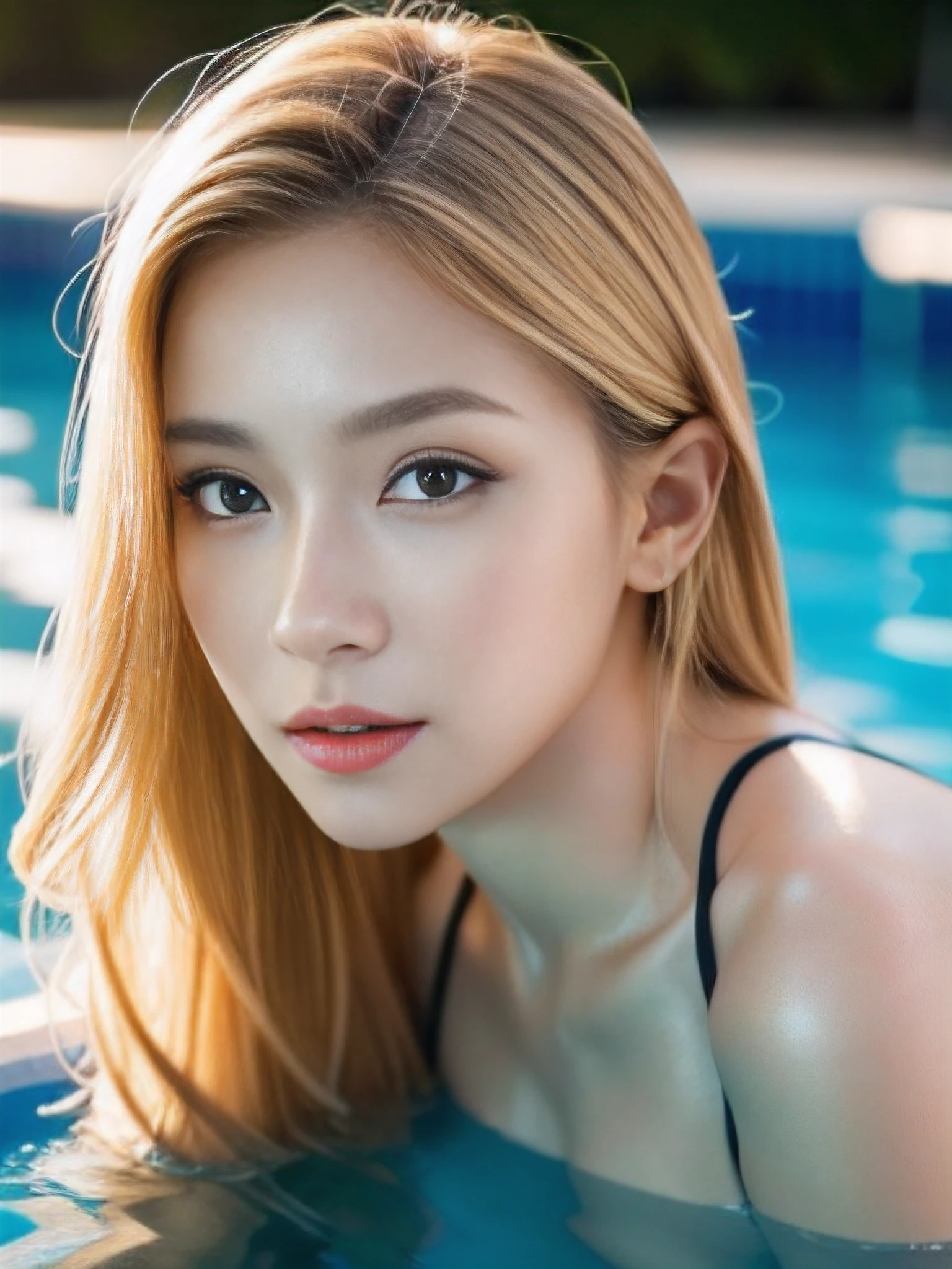 full body shot, ((masterpiece)), (photo realistic), (extremely detailed), (sexy, bikini, happy), High Detail, Sharp focus, beautiful eyes, detailed eyes, detailed face, perfect facial details, perfect mouth, detailed lips, solo, woman, long blonde hair, (realistic detailed skin), pool side, volumetric lighting