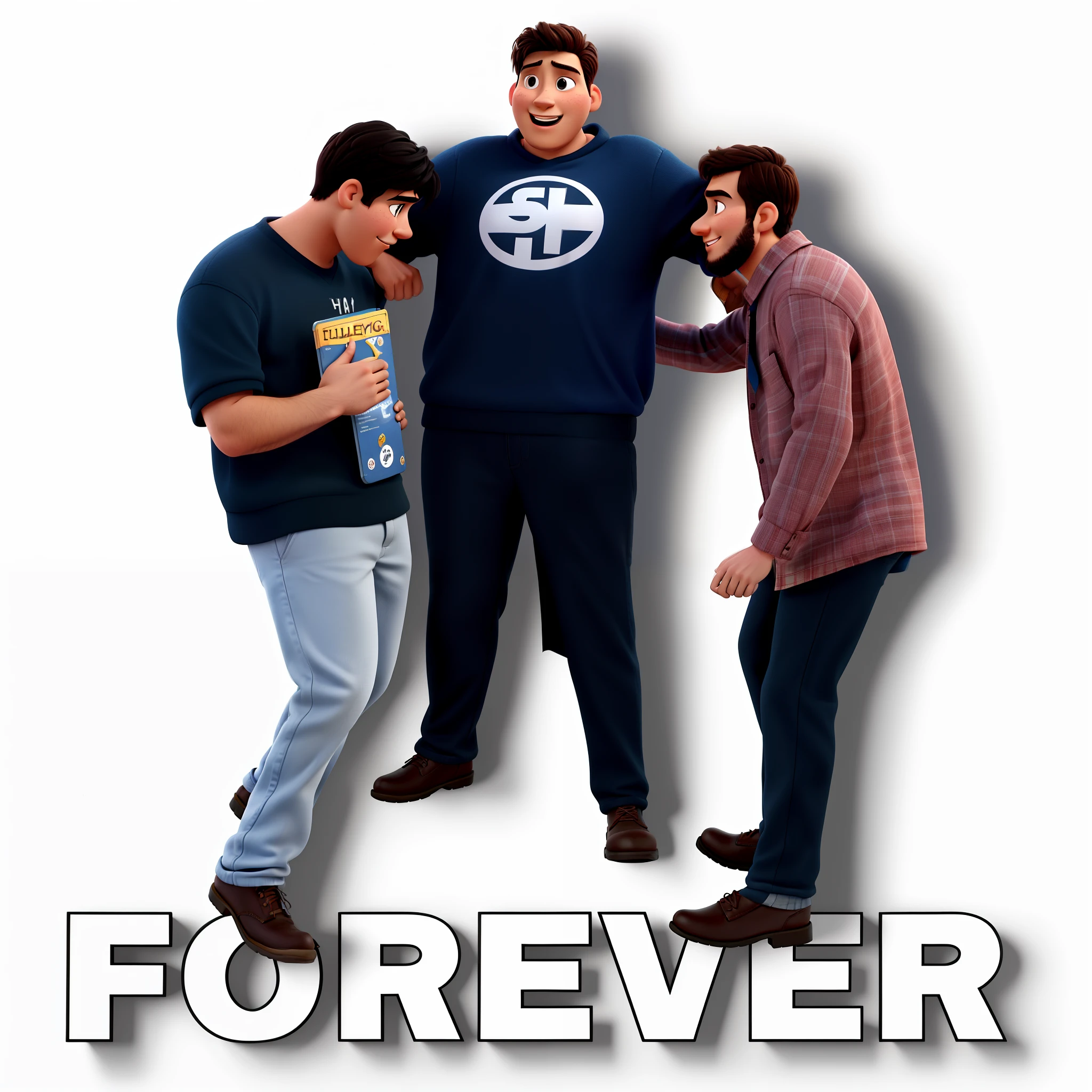 estilo poster de filme pixar, Young Christian Man Preaching Bible to a Crowd, three friends, falando eloquentemente, very happy hugging ,